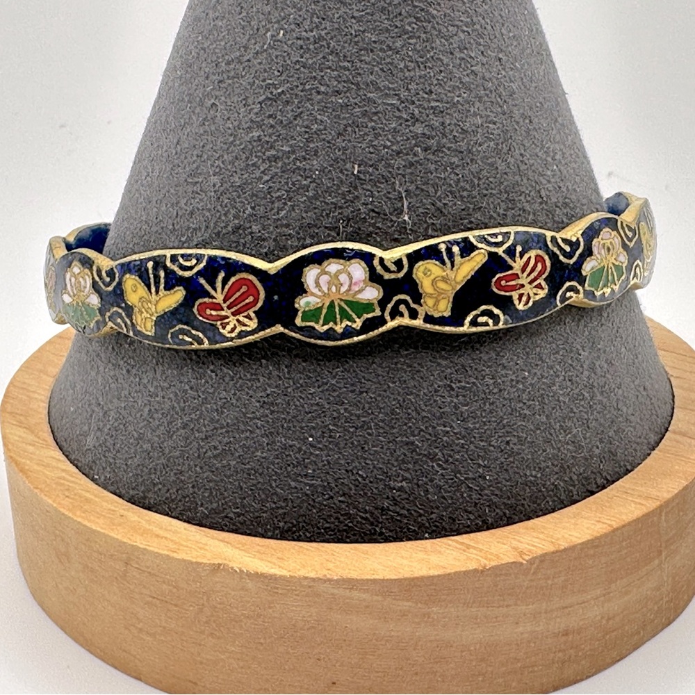 EUC Gorgeous cloisonné bracelet with butterflies and flowers. Blue and gold.